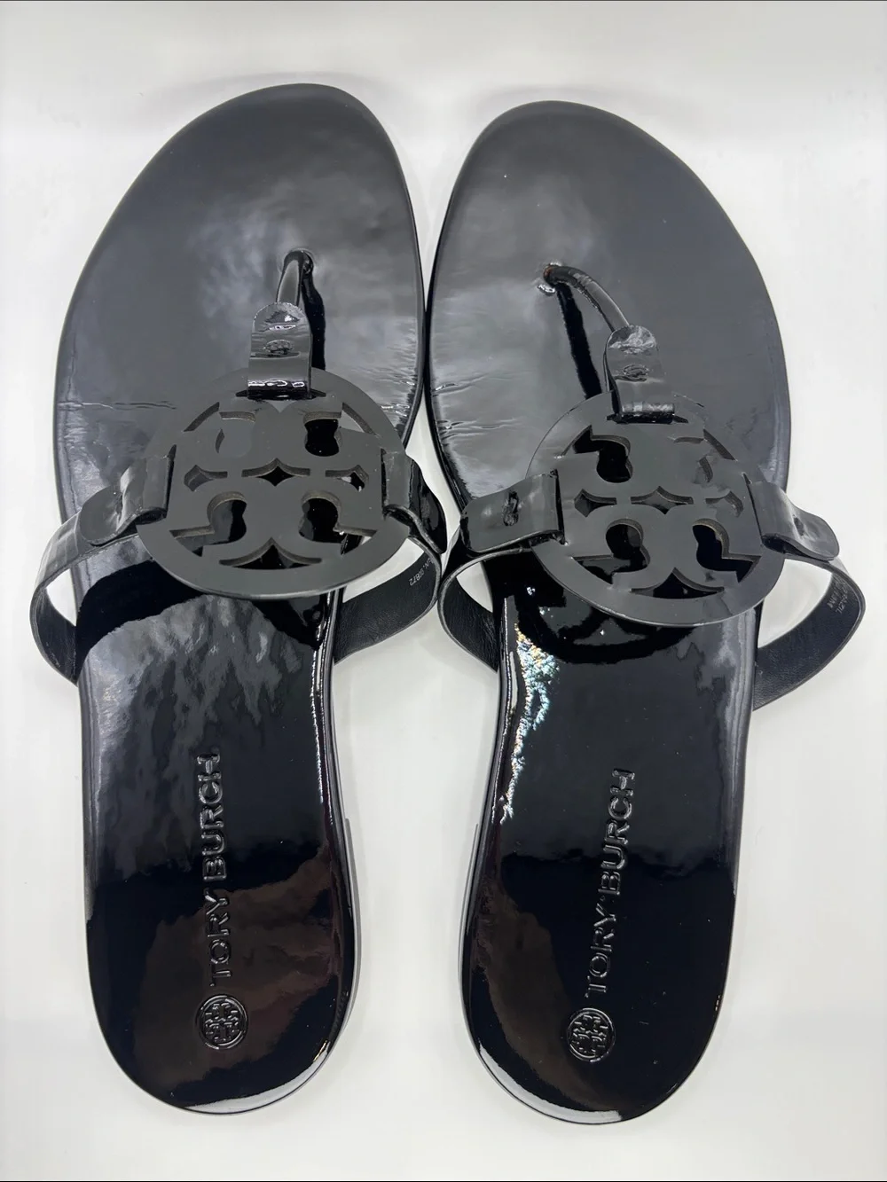 Tory Burch Miller Black Patent Logo Thong Sandals